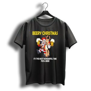 Beery Christmas Its The Most Wonderful Time For A Beer Santa And Reindeer Cheers T Shirt