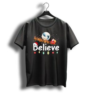 Believe Santa Sleigh Reindeer Moon Christmas Xmas T Shirt