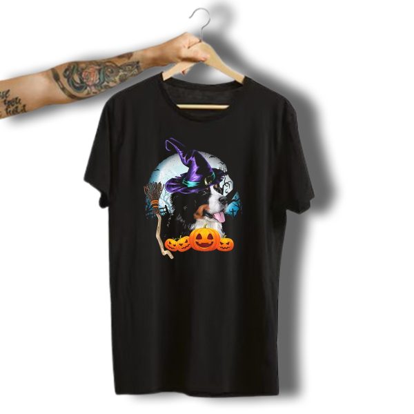 Bernese Mountain Dog In Witch Hat With Pumpkins And Broomstick Halloween Scene T Shirt t shirt 1
