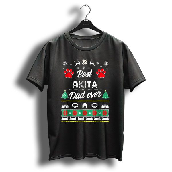 Best Akita Dad Ever Ugly Christmas Sweater Paw Prints Snowflakes Reindeer Trees Bowls Bones T Shirt 1 t shirt 1