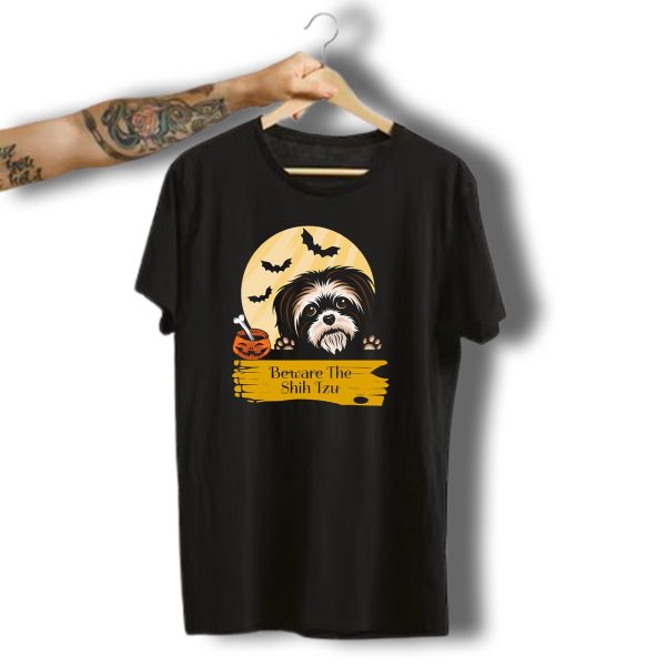 Beware The Shih Tzu Halloween Bats Moon Pumpkin T Shirt t shirt 1