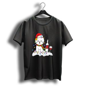 Bichon Frise Dog Wrapped In Christmas Lights With Wine And Santa Hat T Shirt
