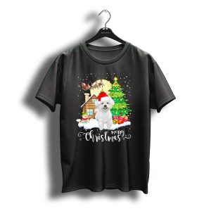 Bichon Frise Merry Christmas Santa Hat Cabin Snowman Tree T-Shirt