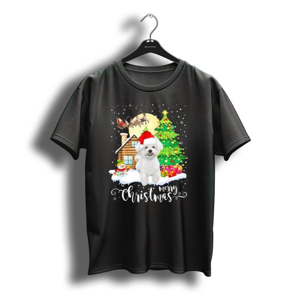 Bichon Frise Merry Christmas Santa Hat Cabin Snowman Tree T Shirt t shirt 1