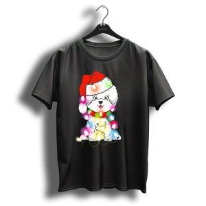 Bichon Frise Santa Hat Wrapped In Christmas Lights T Shirt