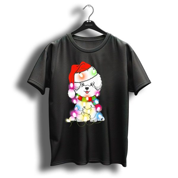 Bichon Frise Santa Hat Wrapped In Christmas Lights T Shirt 1 t shirt 1