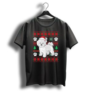 Bichon Frise Ugly Christmas Sweater With Santa Hat And Paw Prints T Shirt