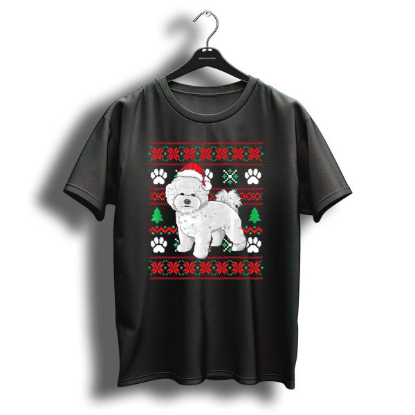 Bichon Frise Ugly Christmas Sweater With Santa Hat And Paw Prints T Shirt 1 t shirt 1