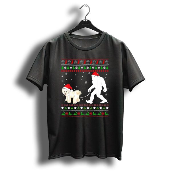 Bichon Frise Walk Bigfoot Christmas Santa Hat Snowflakes Ugly T Shirt 1 t shirt 1