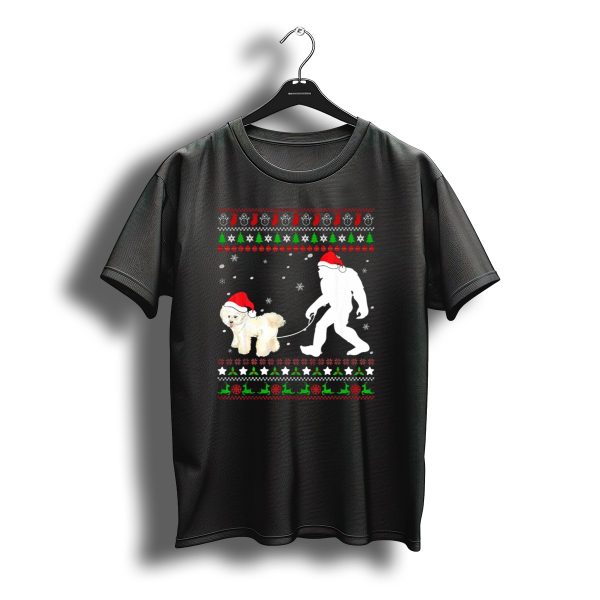 Bichon Frise Walk Bigfoot Christmas Santa Hat Snowflakes Ugly T Shirt t shirt 1