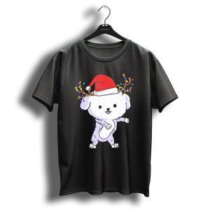 Bichon Frise Wearing Santa Hat And Reindeer Antlers With Christmas Lights T Shirt