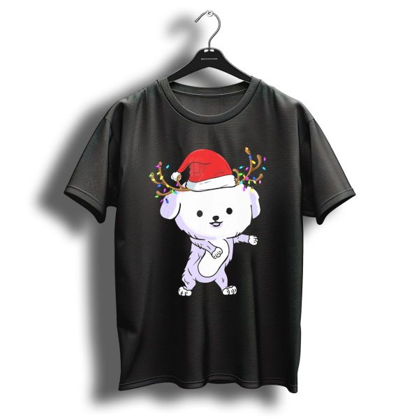 Bichon Frise Wearing Santa Hat And Reindeer Antlers With Christmas Lights T Shirt 1 t shirt 1