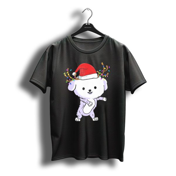 Bichon Frise Wearing Santa Hat And Reindeer Antlers With Christmas Lights T Shirt t shirt 1