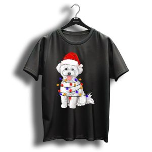 Bichon Frise With Santa Hat And Christmas Lights T Shirt