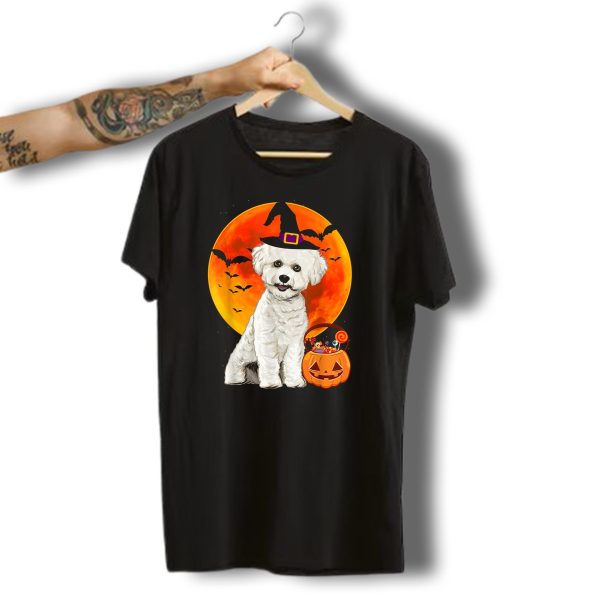 Bichons Frise Dog Witch Hat Jack O Lantern Pumpkin Full Moon Bats Halloween T Shirt t shirt 1