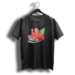 Bigfoot Rock On Santa Hat Christmas Tree Driving Red Truck T Shirt
