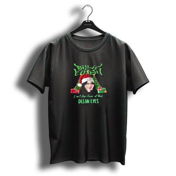 Billie Eilish Cant Stop Starin At Those Ocean Eyes Christmas 2024 Santa Hat And Christmas Trees T Shirt 1 t shirt 1