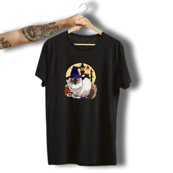 Birman Cat Witch Hat Halloween Pumpkin Haunted House Full Moon Ghosts T Shirt t shirt 1 1