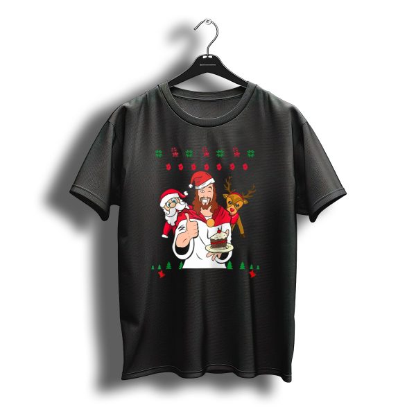 Birthday Boy Jesus Santa Claus Reindeer Christmas Cake T Shirt t shirt 1