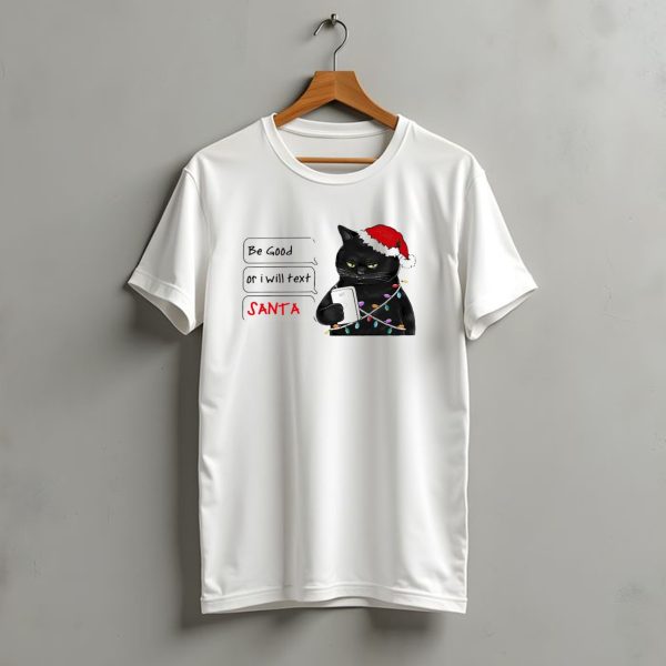 Black Cat Be Good Or I Will Text Santa Christmas Lights Hat T Shirt t shirt 1