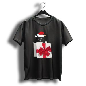 Black Cat Christmas Hat Present Funny Cat Lover T-Shirt