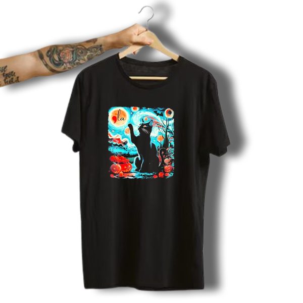 Black Cat Comma La Starry Night Halloween Pumpkins T Shirt t shirt 1