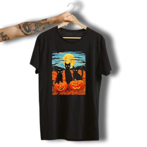 Black Cat Halloween Starry Night Pumpkin Van Gogh T Shirt t shirt 1