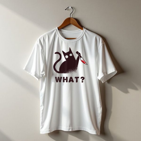 Black Cat Holding Bloody Knife With What Question For Halloween T Shirt t shirt 1