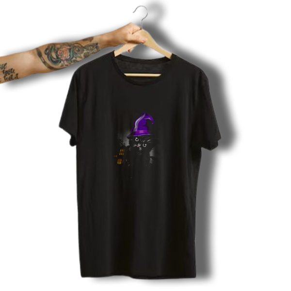 Black Cat In Purple Witch Hat Halloween Night Scene T Shirt t shirt 1
