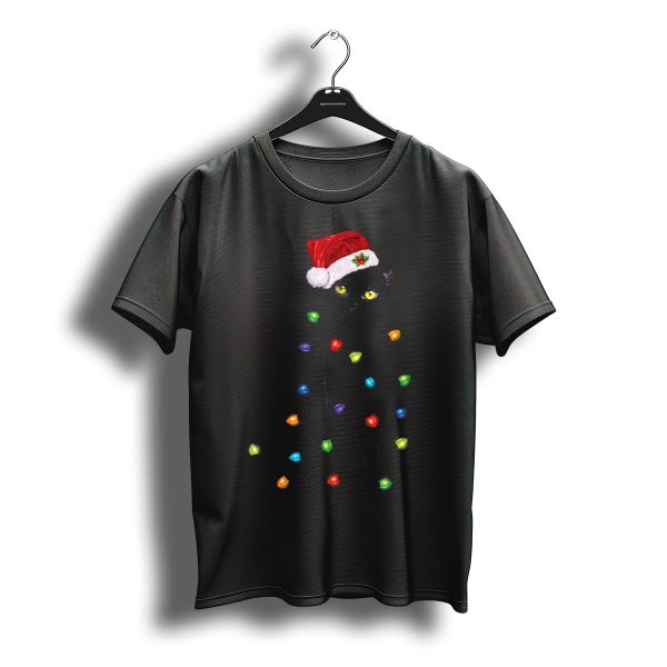Black Cat In Santa Hat Wrapped In Christmas Lights T Shirt t shirt 1