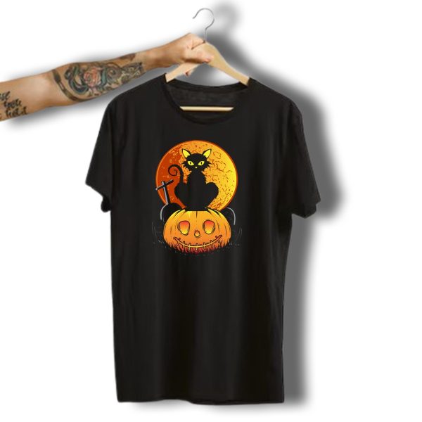 Black Cat On Pumpkin With Moon Halloween T Shirt t shirt 1 1