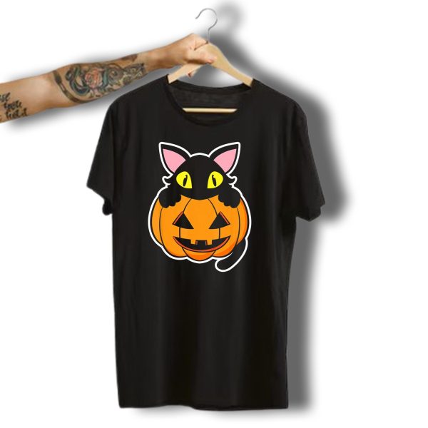 Black Cat Peeking Over Pumpkin Funny Scary Happy Halloween T Shirt t shirt 1