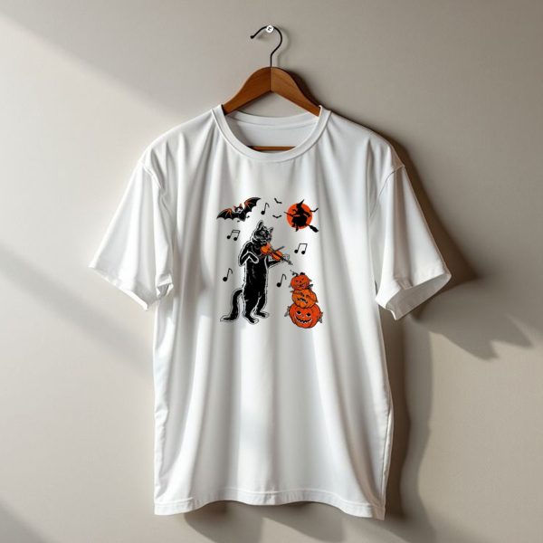 Black Cat Playing Violin With Witch Devilish Bat And Stacked Pumpkins Halloween T Shirt t shirt 1