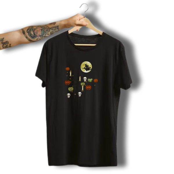 Black Cat Pumpkin Skull Tree Witch Flying Halloween Moon T Shirt t shirt 1