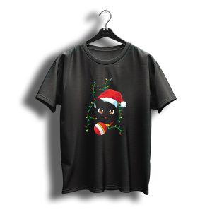Black Cat Santa Tangled Up In Christmas Lights Santa Hat T-Shirt