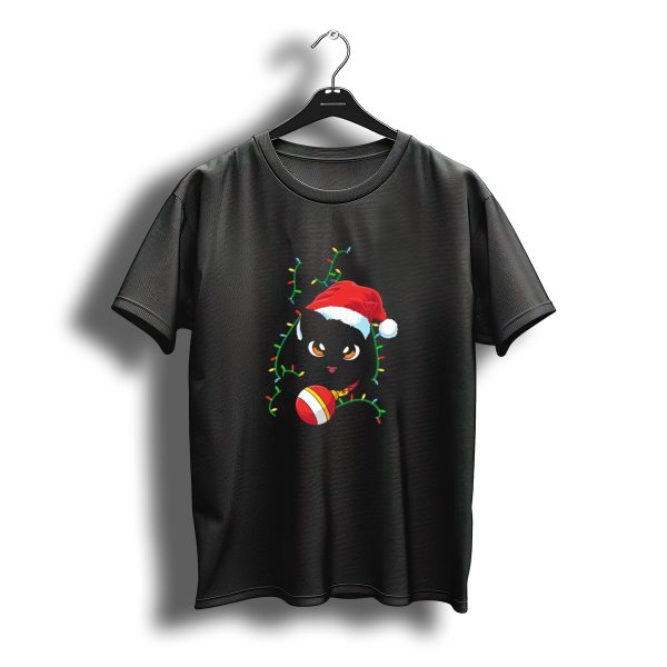 Black Cat Santa Tangled Up In Christmas Lights Santa Hat T Shirt t shirt 1