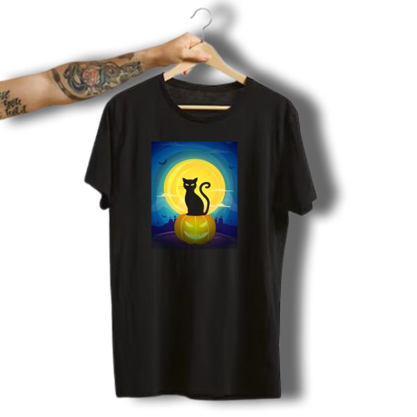 Black Cat Silhouette With Full Moon And Spooky Halloween Scene T Shirt t shirt 1