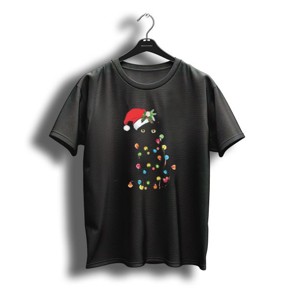 Black Cat Wearing Santa Hat Wrapped In Christmas Lights T Shirt t shirt 1