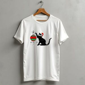 Black Cat With Santa Hat Playing With Ornament Ho Ho No Christmas T Shirt