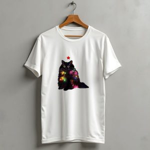 Black Cat Wrapped In Colorful Christmas Lights With Red Star T Shirt
