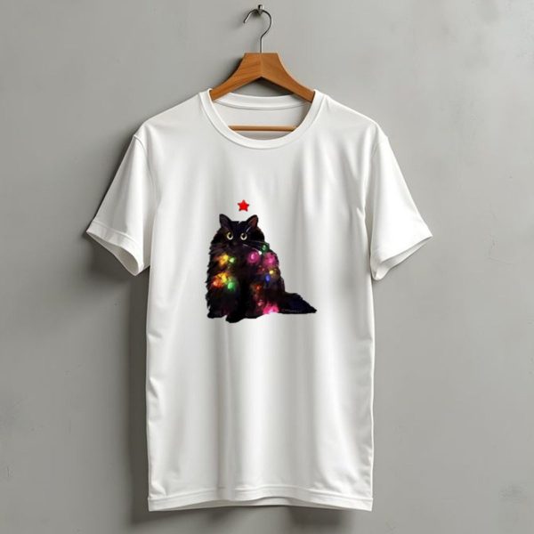 Black Cat Wrapped In Colorful Christmas Lights With Red Star T Shirt 1 t shirt 1
