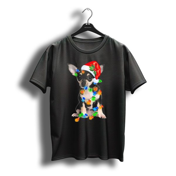 Black Chihuahua Christmas Lights Santa Hat T Shirt t shirt 1