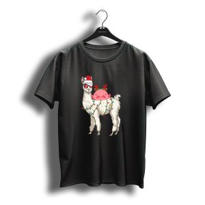 Blobfish Riding Llama Wearing Santa Hat And Christmas Lights T-Shirt