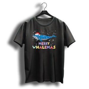 Blue Whale Christmas Merry Whalemas Festive Santa Hat Snowflakes T Shirt