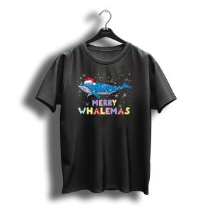 Blue Whale Christmas Merry Whalemas Festive Santa Hat Snowflakes T-Shirt