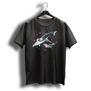 Blue Whale Family Christmas Matching Dad With Santa Hats And Snowflakes T Shirt