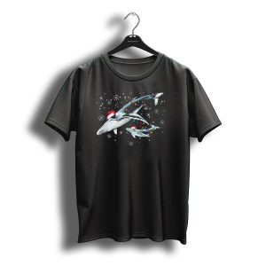 Blue Whale Family Christmas Matching Dad With Santa Hats And Snowflakes T-Shirt