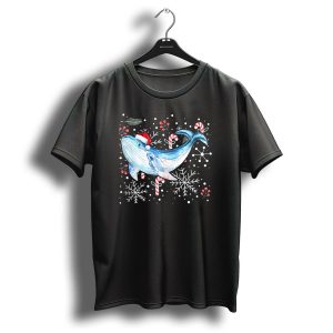 Blue Whale Santa Hat Candy Cane Snowflakes Christmas Watercolor T Shirt