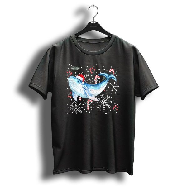 Blue Whale Santa Hat Candy Cane Snowflakes Christmas Watercolor T Shirt 1 t shirt 1