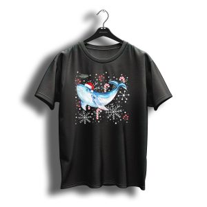 Blue Whale Santa Hat Candy Cane Snowflakes Christmas Watercolor T-Shirt